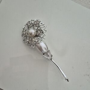 Silver and White Faux Pearl Floral Brooch